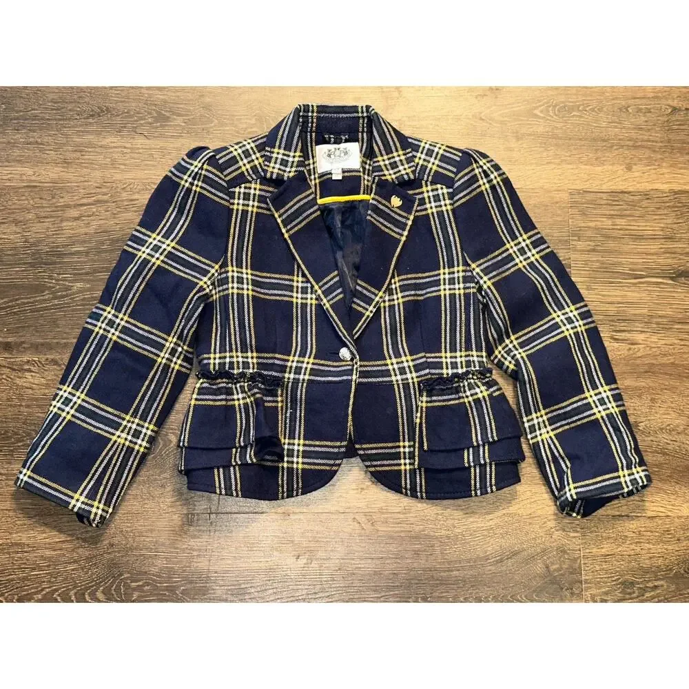 JUICY COUTURE Navy Plaid Wool-Blend PREP SCHOOL Preppy Blazer Jacket Girl 4/5